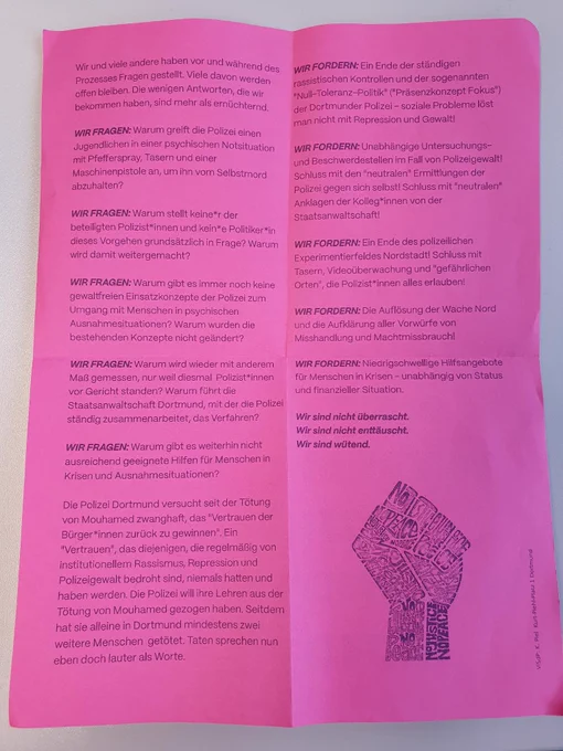 Flugblatt, dass auf der Demonstration verteilt wurde: "Warum wir Wütend sind" Thesen zum Urteil, Fragen und Forderungen.
