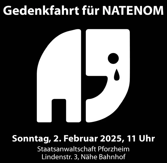Auf dem Sharepic ist ein weinender Natenom-Elefant zu sehen mit Hinweis auf die Gedenkfahrt am 02.02.2025