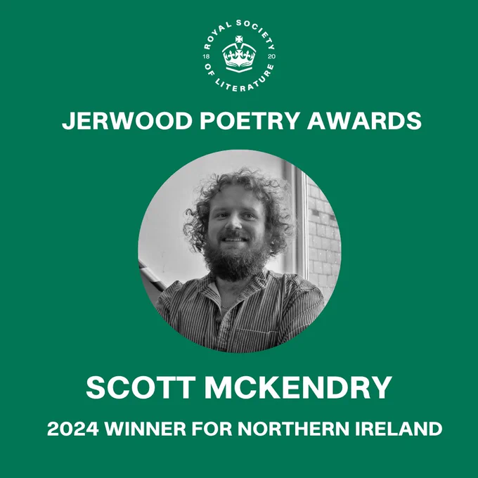 Green graphic with image of Scott McKendry and text: "Jerwood Poetry Awards. Scott McKendry. 2024 Winner for Northern Ireland."