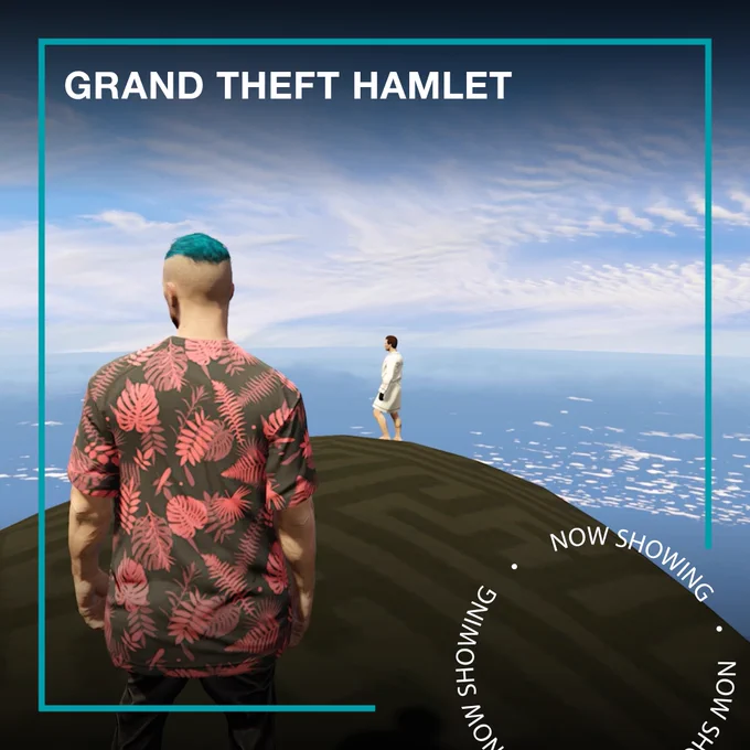 A still from Grand Theft Auto sees two men staring out to a blue sea and a blue sky. Text - Grand Theft Hamlet, Now Showing
