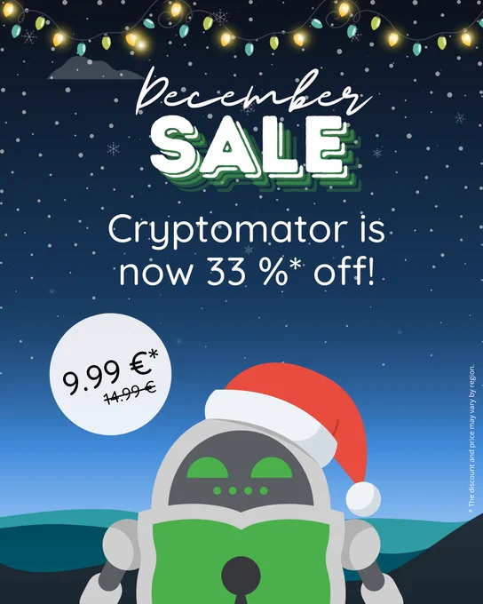 Promotional graphic for Cryptomator's December Sale. The background features a wintry night sky with string lights and snowflakes. In the foreground is Cryptomator's friendly robot mascot with a green vault as its body, wearing a Santa hat. Text reads: 'December Sale – Cryptomator is now 33 %* off! 9.99 € instead of 14.99 €.' A small note at the bottom says: '*The discount and price may vary by region.'