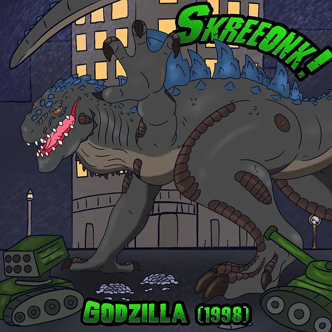 Skreeonk! A Godzilla Movie Marathon

Art of Zilla fighting tanks in front of a lot of fish by Victor Munguia