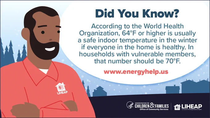An informational graphic featuring a person in a red shirt with the LIHEAP logo, standing beside text that reads, "Did You Know? According to the World Health Organization, 64°F or higher is usually a safe indoor temperature in the winter if everyone in the home is healthy. In households with vulnerable members, that number should be 70°F." The URL www.energyhelp.us is displayed, along with logos for the Office of Community Services and LIHEAP.