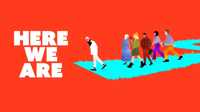 Illustration of people walking together with the text "HERE WE ARE" in bold, white letters on a vibrant red background.