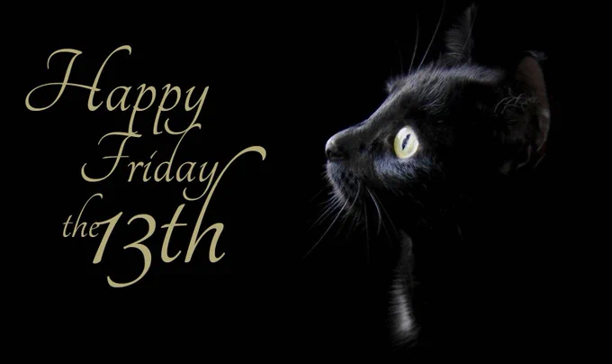 Black cat in profile, black background, and  Happy Friday the 13th in gold letters