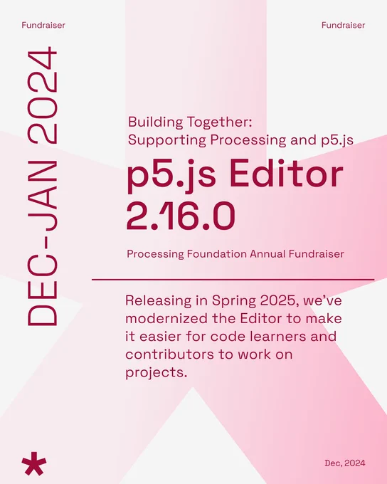 Promotional poster for Annual fundraiser scheduled for December 2024 to January 2025. The poster focuses on upcoming p5.js Editor updates
