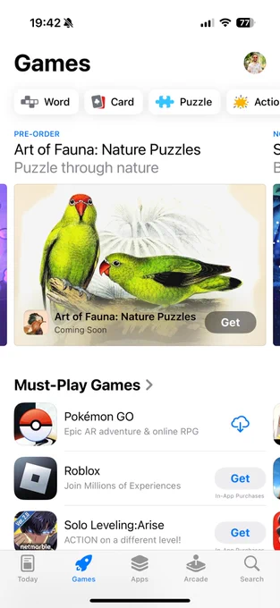 Screenshot of the App Store showing The Art of Fauna feature graphic, which depicts two green lovebirds