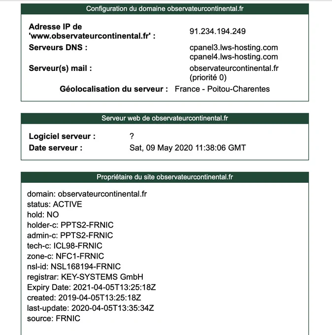 Extrait WHOIS de observateurcontinetal, si le serveur se trouve en France, le visuel suivant montre qui est le nic-hdl...