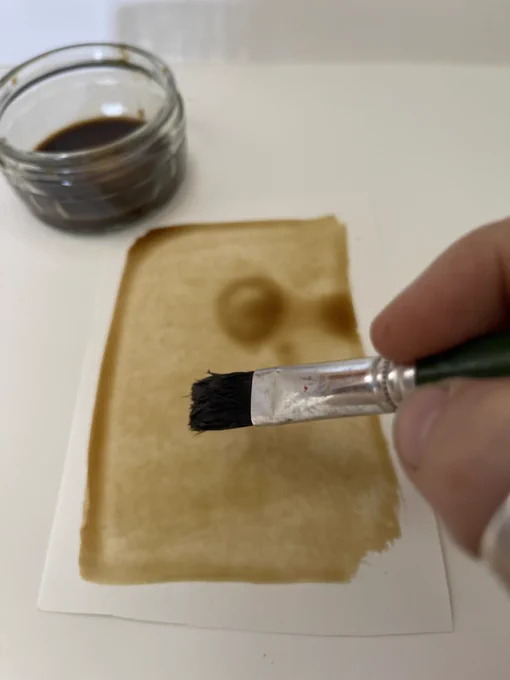 A paintbrush being held in front of a piece of paper painted using natural dyes