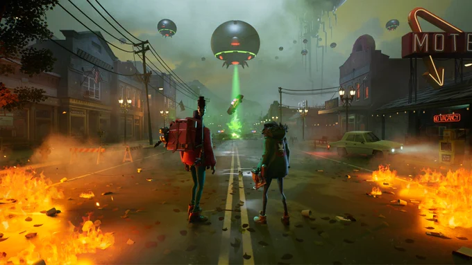 In-game image of two character staring off at an Alien spaceship in the distance, that is repo-ing an innocent car.