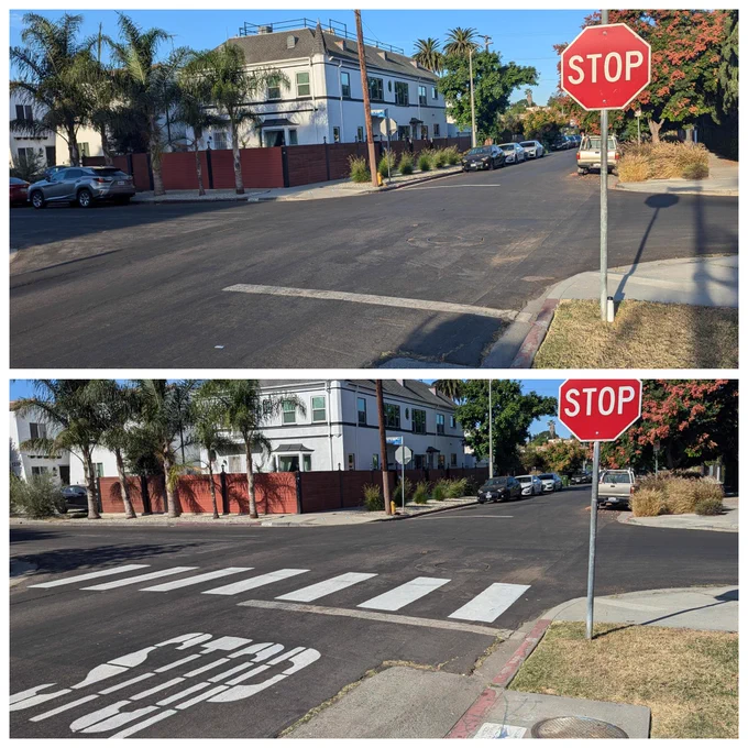 Before and after shot of an intersection: Top shows the intersection without a crosswalk. Bottom shows it with a crosswalk and the word STOP. 