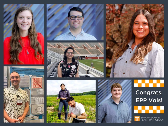 Photo collage of 2024 summer and fall graduates in the UT Department of Entomology and Plant Pathology. text: Congrats, EPP Vols!
