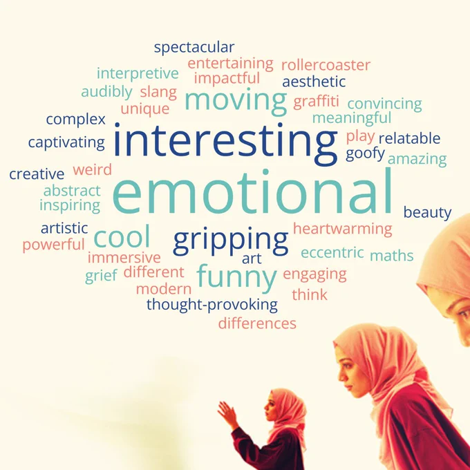 A word cloud including the words: spectacular, entertaining, rollercoaster, interpretive, impactful, moving, graffiti, unique, convincing, meaningful, complex, interesting, emotional, beauty, gripping, cool, funny, engaging, eccentric, different, immersive, powerful, inspiring, abstract, amazing, relatable, heartwarming.