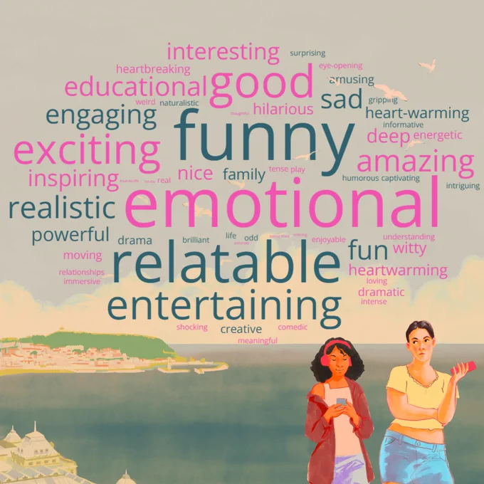 A word cloud including the words: interesting, good, educational, heartbreaking, engaging, exciting, funny, deep, amazing, emotional, relatable, entertaining, heartwarming, creative, moving, family, informative, hilarious, amusing, dramatic, shocking, witty.