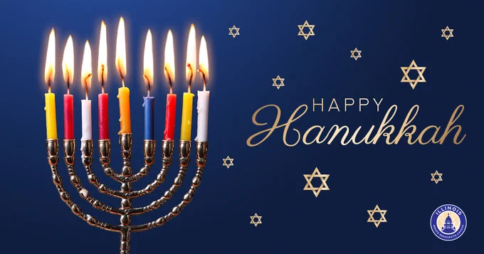 A menorah with all nine candles lit. Text says Happy Hanukkah with Stars of David surrounding it.