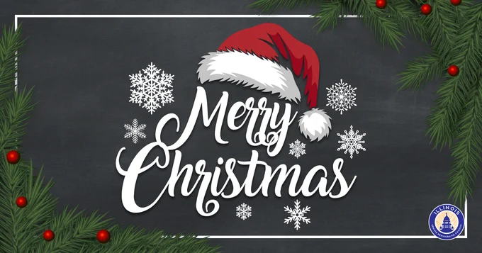 A Santa hat on top of text that says Merry Christmas with snowflakes surrounding it.