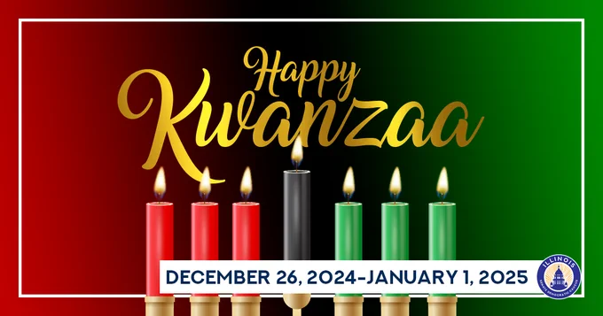 A kinara with all seven candles lit. Text says Happy Kwanzaa, December 26, 2024-January 1, 2025.