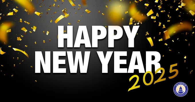 Gold confetti around the words Happy New Year 2025.