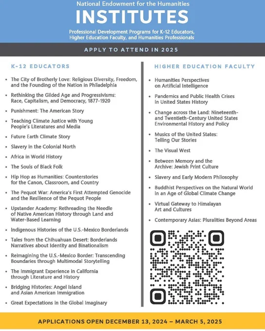 An infographic about Institutes for K-12 educators and Higher Education Faculty, with titles of 2025 projects. A QR code is in the bottom right-hand corner. 