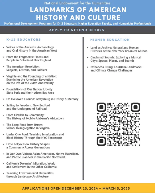 A list of 2025 programs for NEH's Landmarks of American History and Culture. A QR code is in the bottom right-hand corner. 