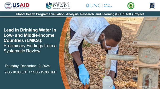 Webinar: Lead in Drinking Water in Low- and Middle-Income Countries: Preliminary Findings from a Systematic Review. Thursday, December 12, 2024, 9-10 am EST/14:00-15:00 GMT. Photo showing a person drinking water from a well in Uganda. 