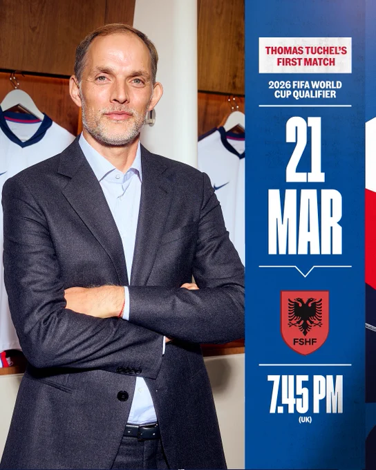 Thomas Tuchel's first match
2026 FIFA World Cup qualifier
21 March
Albania
7.45pm (UK)