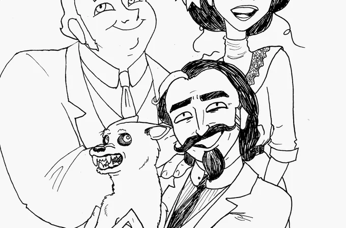 Telesphore, Eisen and Colette posing for an awkward family holiday photo while Eisen holds a snarling baby mantelope.