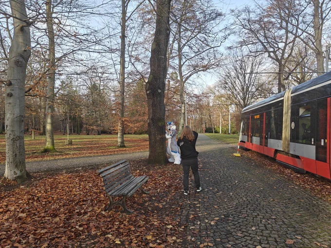 Said tram from the outside. With Majkíí standing on the platform and Clonik taking pictures of him.