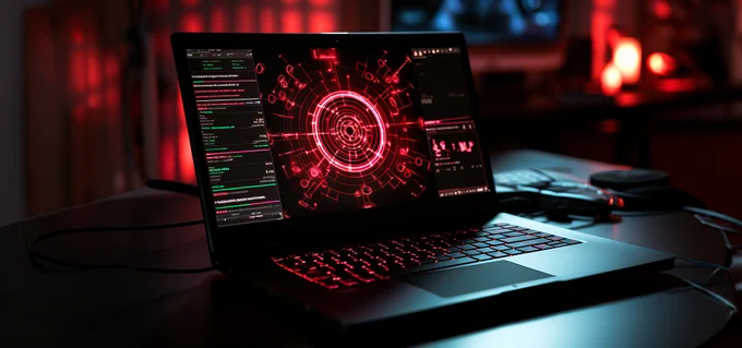 Pictorial representation of HeartCrypt. A laptop on a desk displaying a vivid graphical interface with cyber security and data analytics themes, illuminated by red ambient lighting. 