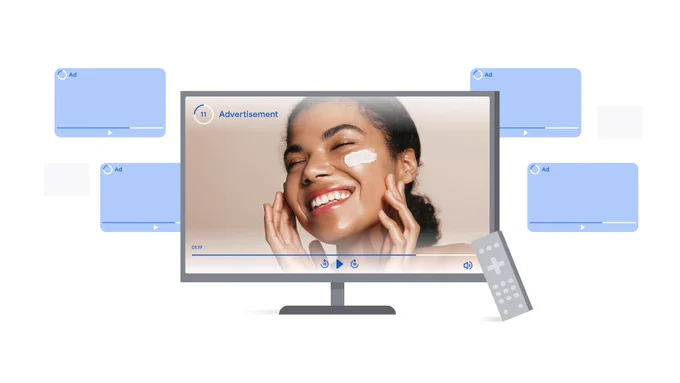 Image shows a tv in the center with a skin product advertisment playing and a remote to the side. There are 4 blue squares behind the tv representing other CTV ads. 