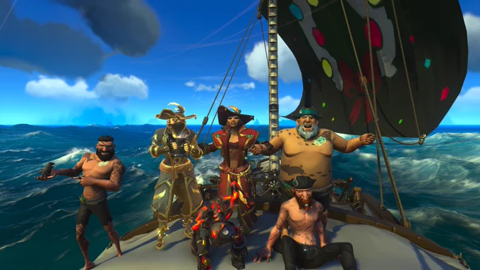 Six pirates partying aboard a sloop