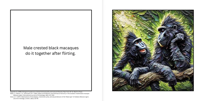 Sample page from Wild Pride. Text: Male crested black macaques do it together after flirting”. Illustration: 2 males looking sweetly at each other.