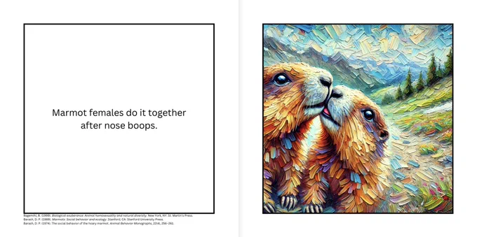 Sample page from Wild Pride. Text: Marmot females do it together after nose boops. Illustration: Two painted marmots giving each other nose boops.