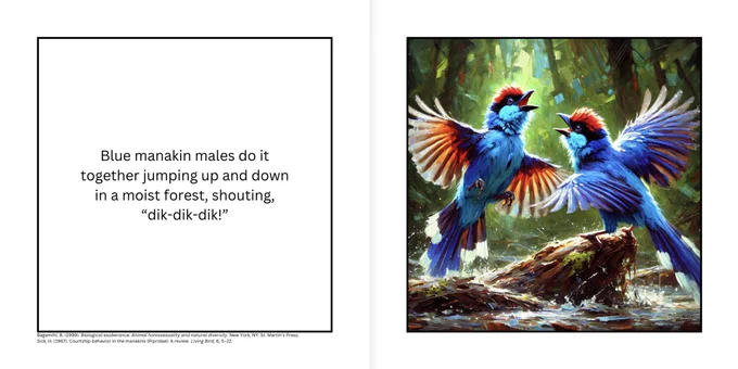 Sample page from the book Wild Pride. Text: Blue man skin males do it together jumping up and down in a moist forest, shouting “dik-dik-dik”. Illustration: 2 painted manakins doing just that.
