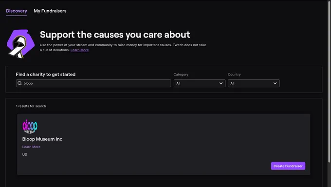 a screenshot of bloop museum appearing in twitch's charity picker.