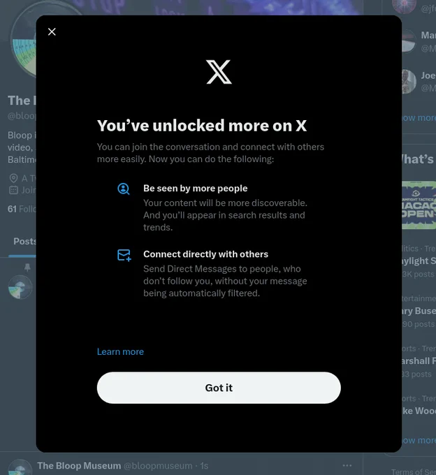 "You've unlocked more on X" canned dialog, possibly erroneously displayed, or perhaps we were shadowbanned for something, even though we really just post museum stuff??