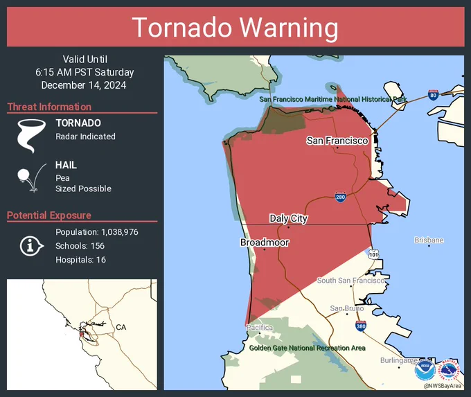 This graphic displays a tornado warning plotted on a map. The warning is in effect until 6:15 AM PST. The warning includes San Francisco CA, Daly City CA and Broadmoor CA.  This warning is for Northwestern San Mateo County in northern California and San Francisco County in northern California. The threats associated with this warning are a radar indicated tornado and pea sized hail. There are 1,038,976 person in the warning along with 156 schools and 16 hospitals.