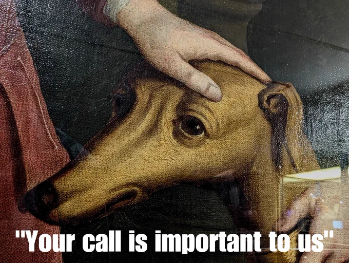 An image of a greyhound like dog. It has beige fur, a long snout, big eyes and a little droopy ear on the side of his head. It looks sad, or fed up, or both. There is a hand gently resting on its head. The text below reads - in quotes - Your call is important to us. 
