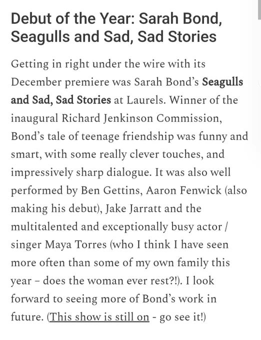 Debut of the year Sarah Bond Seagulls and Sad Sad Stories 