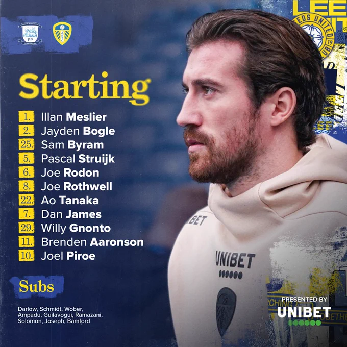 Starting XI: Meslier, Bogle, Byram, Struijk, Rodon, Rothwell, Tanaka, James, Gnonto, Aaronson, Piroe