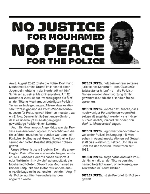 Flugblatt: No #Justice4Mouhamed - No Peace For The Police! zur heutigen Demonstration in Dortmund.