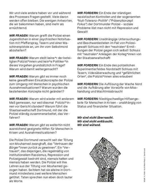 Flugblatt: No #Justice4Mouhamed - No Peace For The Police! zur heutigen Demonstration in Dortmund.