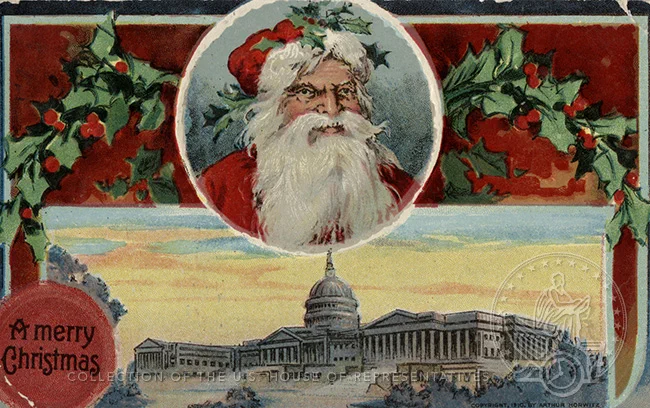 Postcard with Santa and the Capitol. It says "A Merry Christmas."
