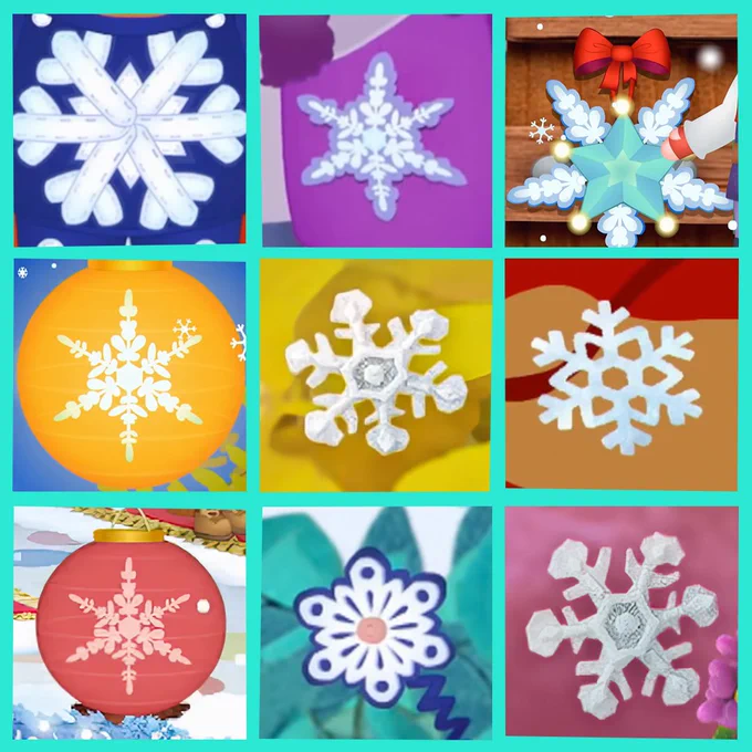 A collage featuring nine different snowflake illustrations, each with unique designs, displayed against various colored backgrounds from Daniel Tiger's Neighborhood.