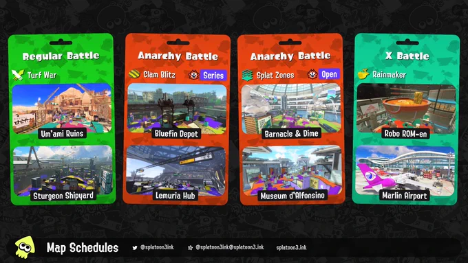 Splatoon 3 map rotation:

Regular Battle: Turf War on Um'ami Ruins and Sturgeon Shipyard
Anarchy Battle (Series): Clam Blitz on Bluefin Depot and Lemuria Hub
Anarchy Battle (Open): Splat Zones on Barnacle & Dime and Museum d'Alfonsino
X Battle: Rainmaker on Robo ROM-en and Marlin Airport