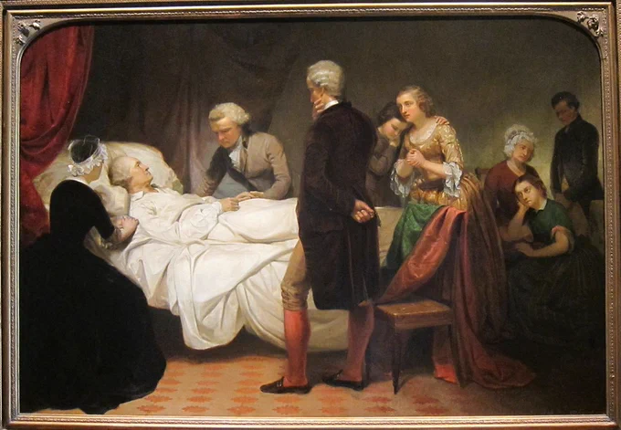The colored portrait on the right is of George Washington on his bed, surrounded by his loved ones.