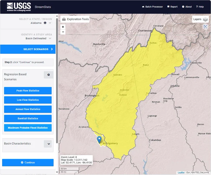 A J-shaped basin marked in yellow. Water flows to the southwest