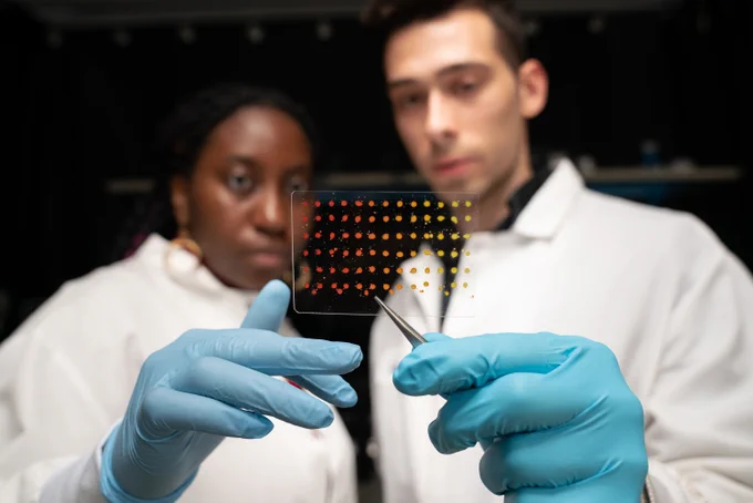 Eunice Aissi, and Alexander Siemenn. Alexander is holding up a small piece of film with orange and yellow dots with a tweezer.