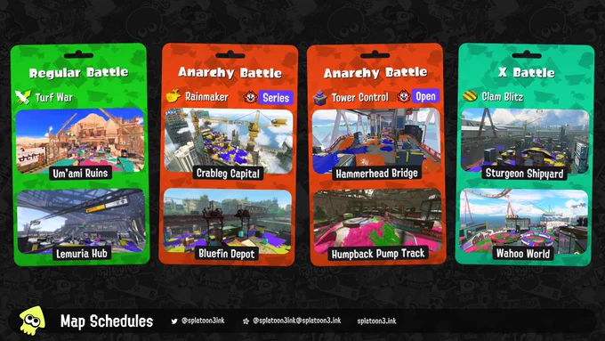 Splatoon 3 map rotation:

Regular Battle: Turf War on Um'ami Ruins and Lemuria Hub
Anarchy Battle (Series): Rainmaker on Crableg Capital and Bluefin Depot
Anarchy Battle (Open): Tower Control on Hammerhead Bridge and Humpback Pump Track
X Battle: Clam Blitz on Sturgeon Shipyard and Wahoo World