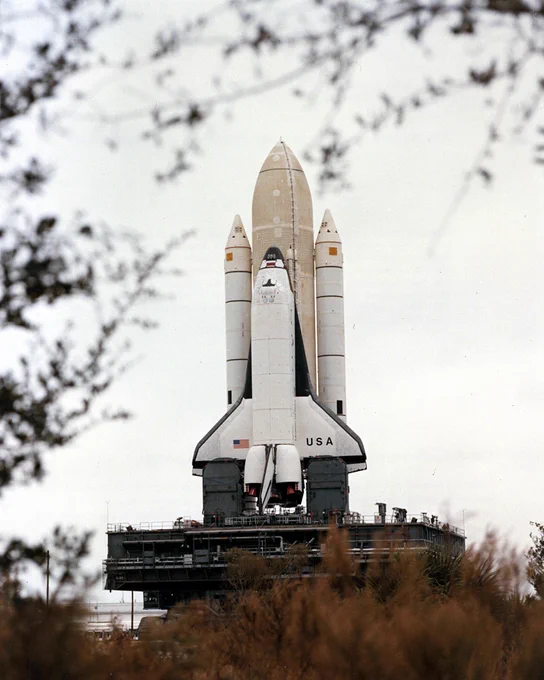 STS-1 stands framed in vegetation lining the superhighay-wide crawlerway linking the Vehicle Assembly Building with the twin pads of Launch Complex 39. (Credit: NASA)